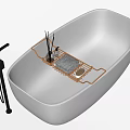 Modern White Bathtub With Black Faucet And Metal Rack Holding Gray Sponge