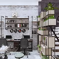 Industrial Office Interior Design With Bookshelves Green Plants Desk Chairs And Staircase
