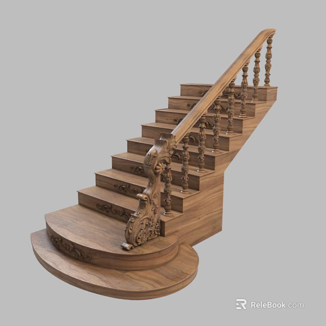 Elegant Wooden Staircase With Intricate Carved Railings And Decorative Steps Design 3d model 