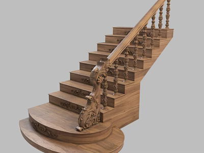 Elegant Wooden Staircase With Intricate Carved Railings And Decorative Steps Design 3d model