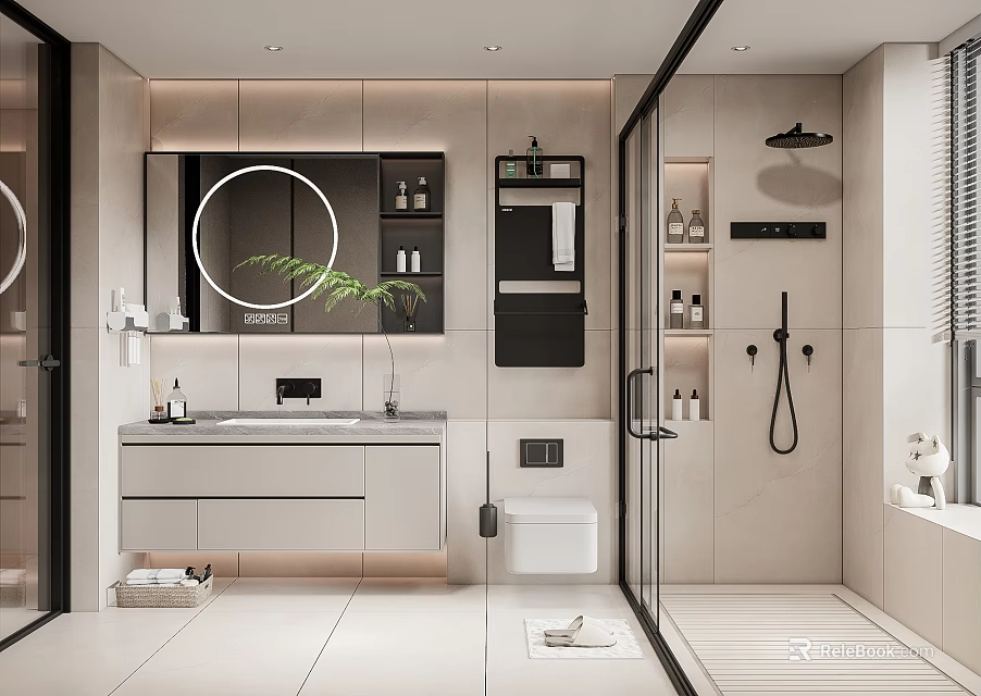 Modern Bathroom Interior Design With Round Mirror Vanity And Walk In Shower 3d model 