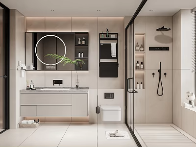 Modern Bathroom Interior Design With Round Mirror Vanity And Walk In Shower 3d model