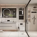 Modern Bathroom Interior Design With Round Mirror Vanity And Walk In Shower