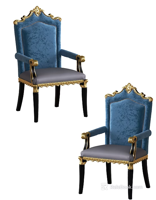 Classic Blue Velvet Dining Chairs With Gold Accents And Black Legs 3d model 