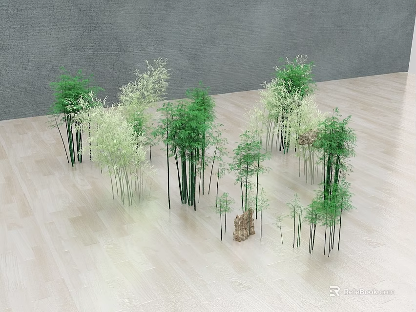 Various Bamboo Plants With Different Heights And Green Leaves In Indoor Space 3d model 