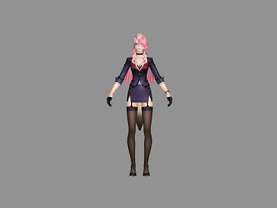 Game Movie Character With Pink Hair Dark Suit Short Skirt Long Stockings And Black Gloves 3d model