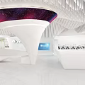 Modern White Showroom With Curved Design Arranged Laundry Machines And Geometric Ceiling