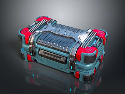 Stylish Storage Box With Blue And Red Metallic Texture And Mechanical Design 3d model