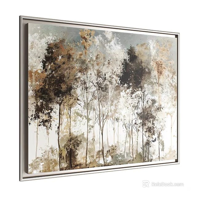 Abstract Framed Oil Painting Of Forest Landscape With Tall Trees And Warm Tones 3d model 