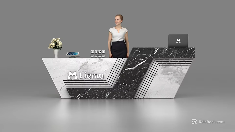 Modern Marble Reception Desk With Lienu Logo Laptop Tablet And Flower Vase 3d model 
