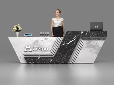 Modern Marble Reception Desk With Lienu Logo Laptop Tablet And Flower Vase 3d model