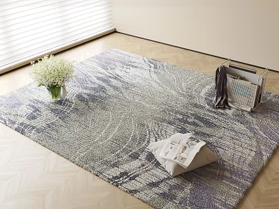 Square Carpet with Blue Gray Design on Wooden Floor Featuring White Flowers Magazines and Clothes 3d model