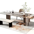 Chinese Style Wooden Tea Table and Chairs with Tea Set Green Plants and Stools