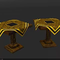 Two Functional Tables With Hexagonal Top Yellow Black Pattern And Wooden Stand