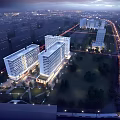 Modern High Rise Office Building Exterior With Glass Curtain Wall Night Lighting And Street View
