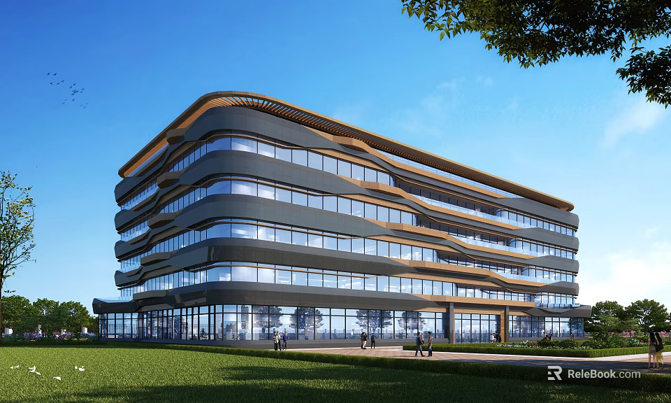 Modern Office Building With Curved Glass Facade And Green Lawn Surroundings Under Blue Sky 3d model 