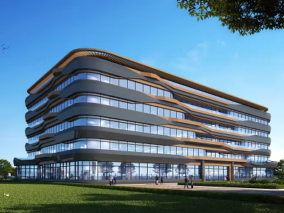 Modern Office Building With Curved Glass Facade And Green Lawn Surroundings Under Blue Sky 3d model