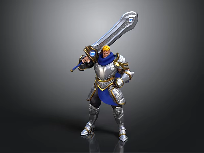 Blonde Haired Warrior in Silver Blue Armor Wielding Giant Sword with Blue Accents 3d model
