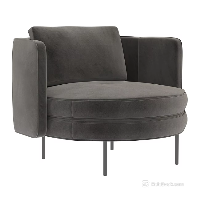 Modern Gray Velvet Accent Chair With Round Seat Armrests And Metal Legs 3d model 