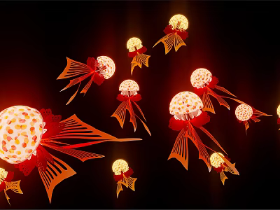 Fish Shaped Art Installation With Red And Orange Illuminated Spotted Spheres Against Black Background 3d model