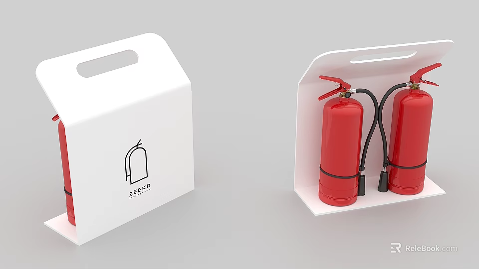 Red Fire Extinguishers In White Storage Case With FIREKIT Logo Design 3d model 