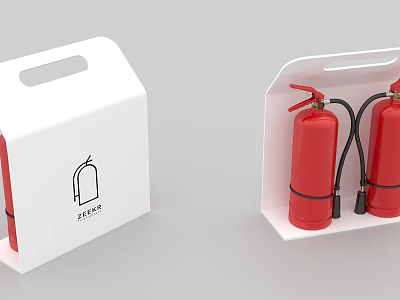 Red Fire Extinguishers In White Storage Case With FIREKIT Logo Design 3d model