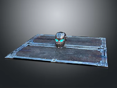 Futuristic Sci-Fi Helmet Placed On Metallic Blue Grid Platform With Modern Design 3d model