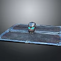 Futuristic Sci-Fi Helmet Placed On Metallic Blue Grid Platform With Modern Design