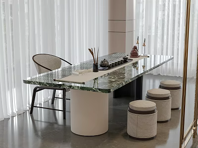 Elegant Modern Tea Table and Chairs With Marble Top White Curtains and Stools 3d model