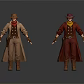 Men in Western Style Outfits with Cowboy Hats and Long Coats in Different Colors