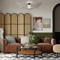Dining Living Room Interior With Patterned Wallpaper Green Walls Arched Doorway And Wooden TV Cabinet