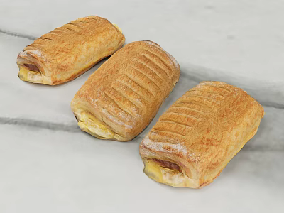 Golden Baked Sandwiches with Striped Crust and Cheese Ham Filling on Marble Countertop 3d model