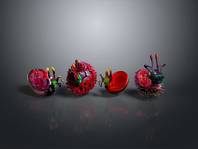 Colorful Spiky Creatures With Red Green Hues And Tentacles In Artistic Display Arrangement 3d model