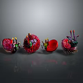 Colorful Spiky Creatures With Red Green Hues And Tentacles In Artistic Display Arrangement