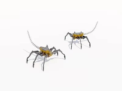 Yellow And Black Spider Robots With Mechanical Legs And Long Tails 3d model