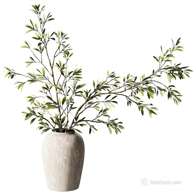 Minimalist Textured Neutral Vase With Green Branches And Slender Leaves Decoration 3d model 