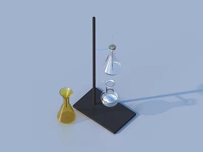 Essential Household Glass Tools With Black Stand Funnel Beaker And Yellow Conical Flask 3d model