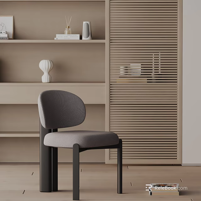 Stylish Modern Gray Upholstered Dining Chair With Ergonomic Design In Beige Living Space With Slatted Cabinet 3d model 