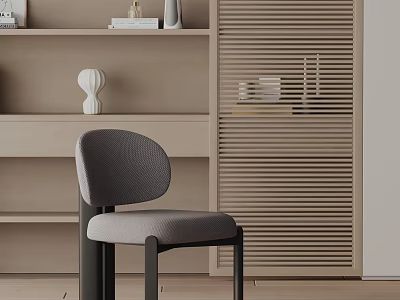 Stylish Modern Gray Upholstered Dining Chair With Ergonomic Design In Beige Living Space With Slatted Cabinet 3d model