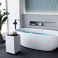 Modern White Freestanding Bathtub With Cabinet Green Plant And Striped Wall