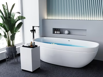 Modern White Freestanding Bathtub With Cabinet Green Plant And Striped Wall 3d model