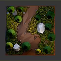 3D Forest Scene With Green Pine Trees Yellow Trees White Houses Red Ground And Grass