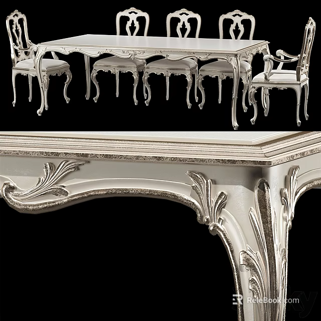 Elegant Classic Dining Table Set With Intricate Carved Design And Matching Chairs 3d model 
