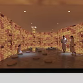 SPA Sauna Room with Orange Brick Walls Circular Mats and People in Bathrobes Sitting Standing