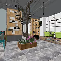 Modern Café Interior Design With Wooden Bar Green Plants And Hanging Lights