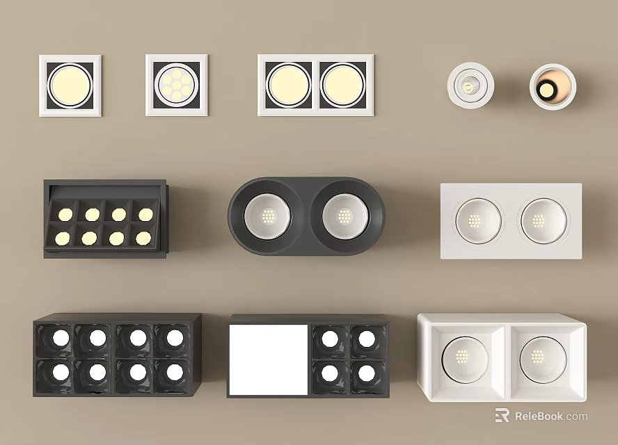 Modern Downlights And Spotlights With Square Round Shapes Black White Silver 3d model 