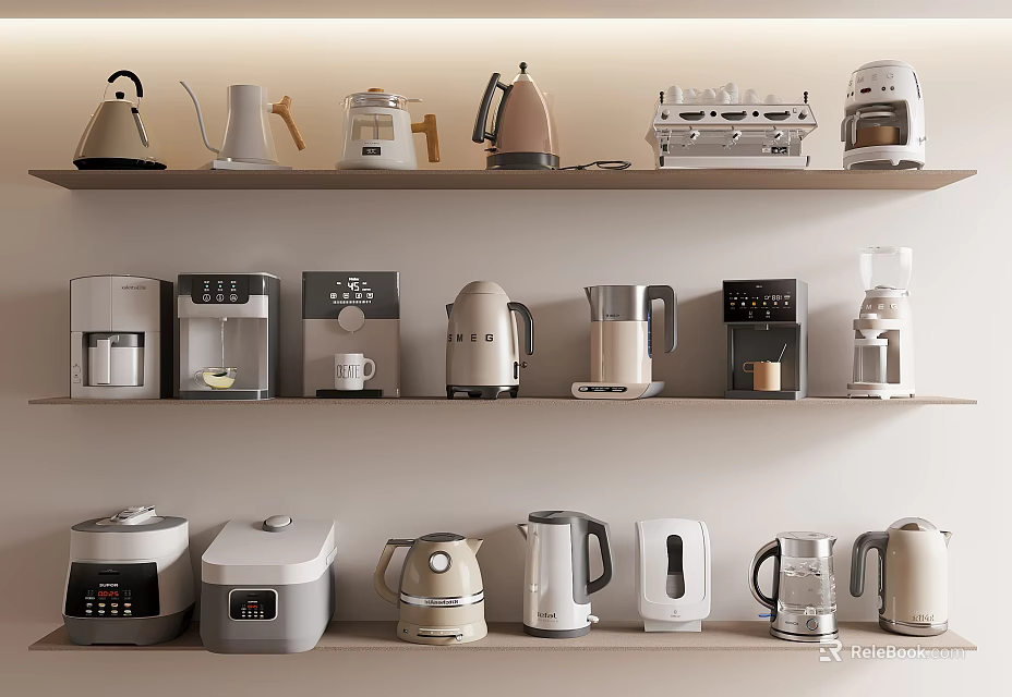 Various Modern Kitchen Appliances Neatly Displayed On Shelves With Different Styles 3d model 