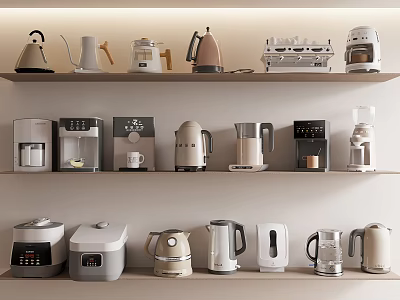 Various Modern Kitchen Appliances Neatly Displayed On Shelves With Different Styles 3d model