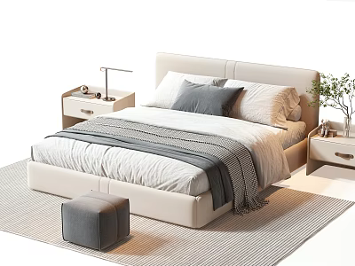 Light Colored Double Bed With Nightstands Table Lamp Pillows Striped Blanket Stool And Rug 3d model