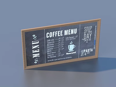 Wooden Frame Coffee Menu Board With Soup Pasta And Coffee Cup Icon For Daily Use 3d model